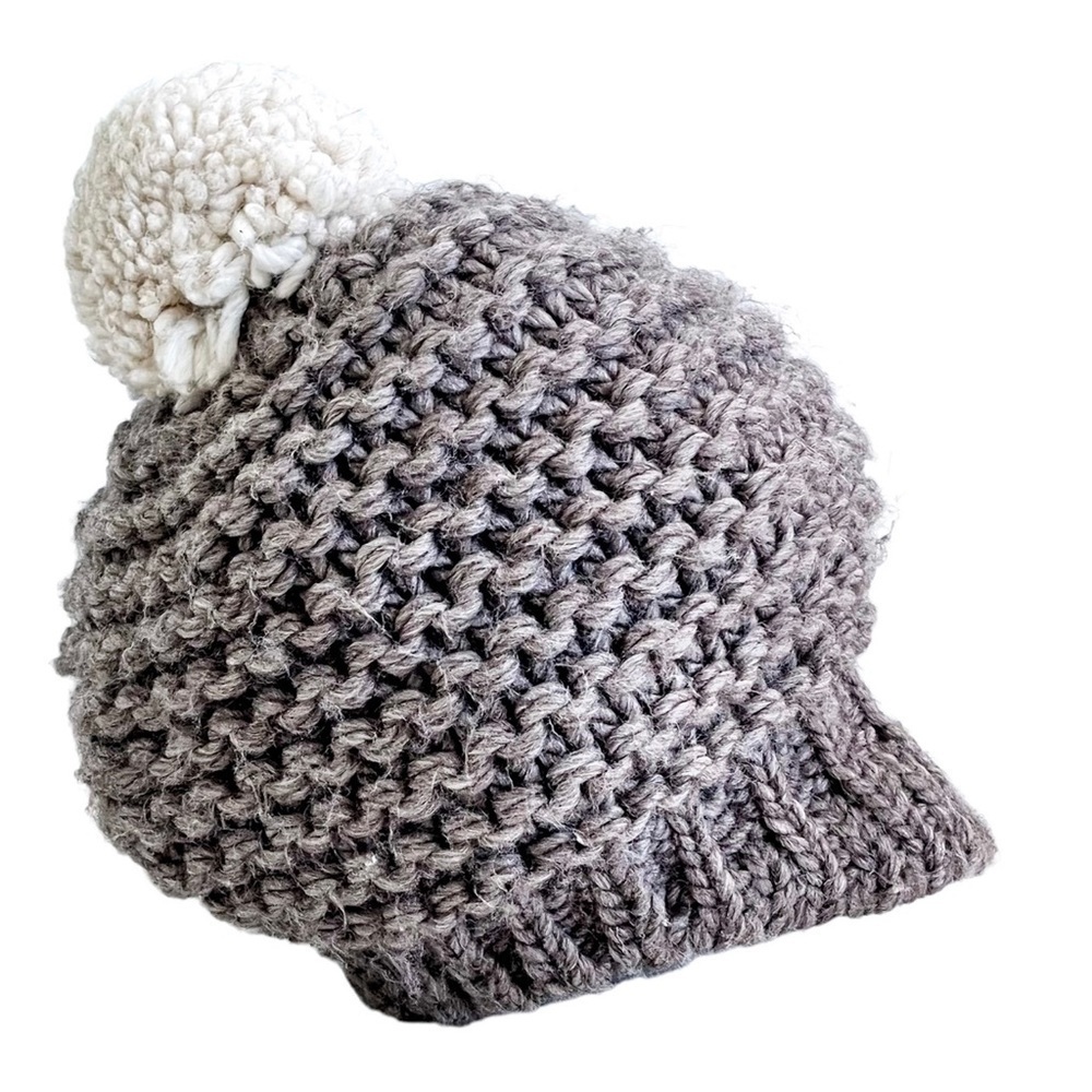 Raffaello Bettini Knitted White Pom Pom Gray Beanie Brimmed Wool Alpaca Blend